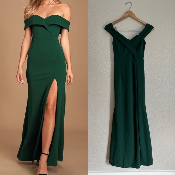 Lulus Dresses & Skirts - NWOT Song of Love Hunter Green Off-the-Shoulder Maxi Dress!